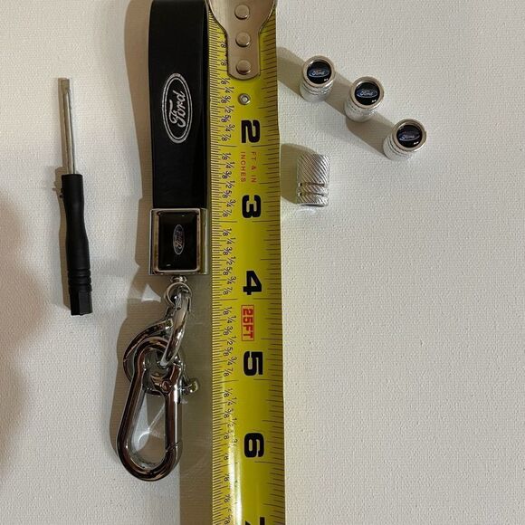 Ford logo fob Keychain black leather and set of 4 valve Stem caps silver NWT - Picture 4 of 6